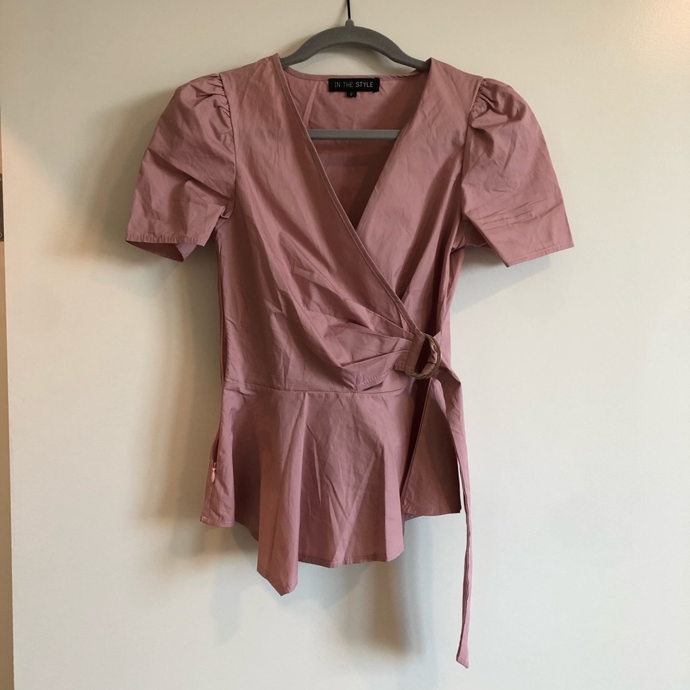 In The Style pink puff sleeve wrap front top.